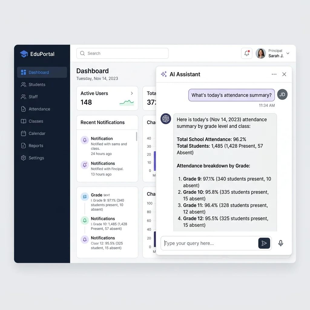 AI Assistant answering school data queries with real-time insights