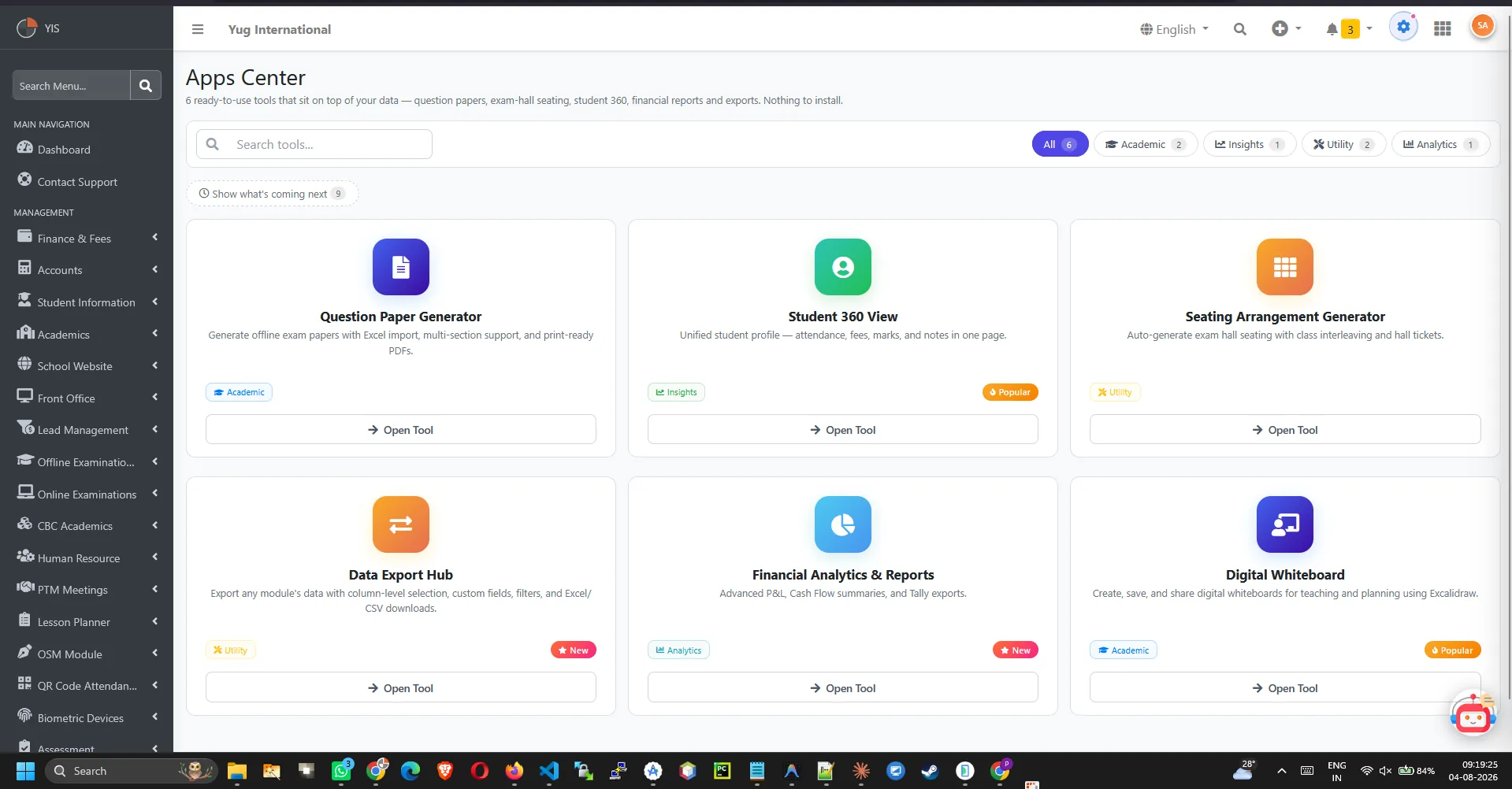 Apps Center listing installable modules for the school