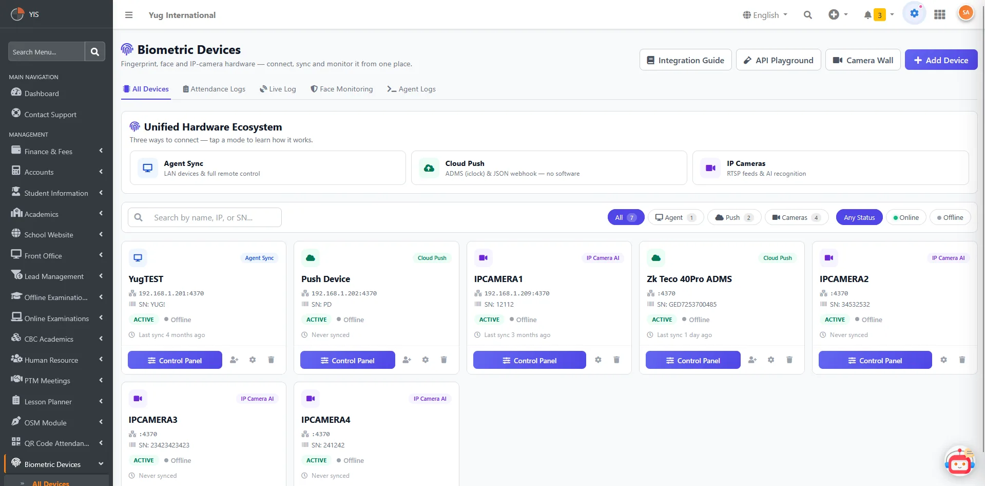 Biometric device management with two-way ADMS sync and API playground
