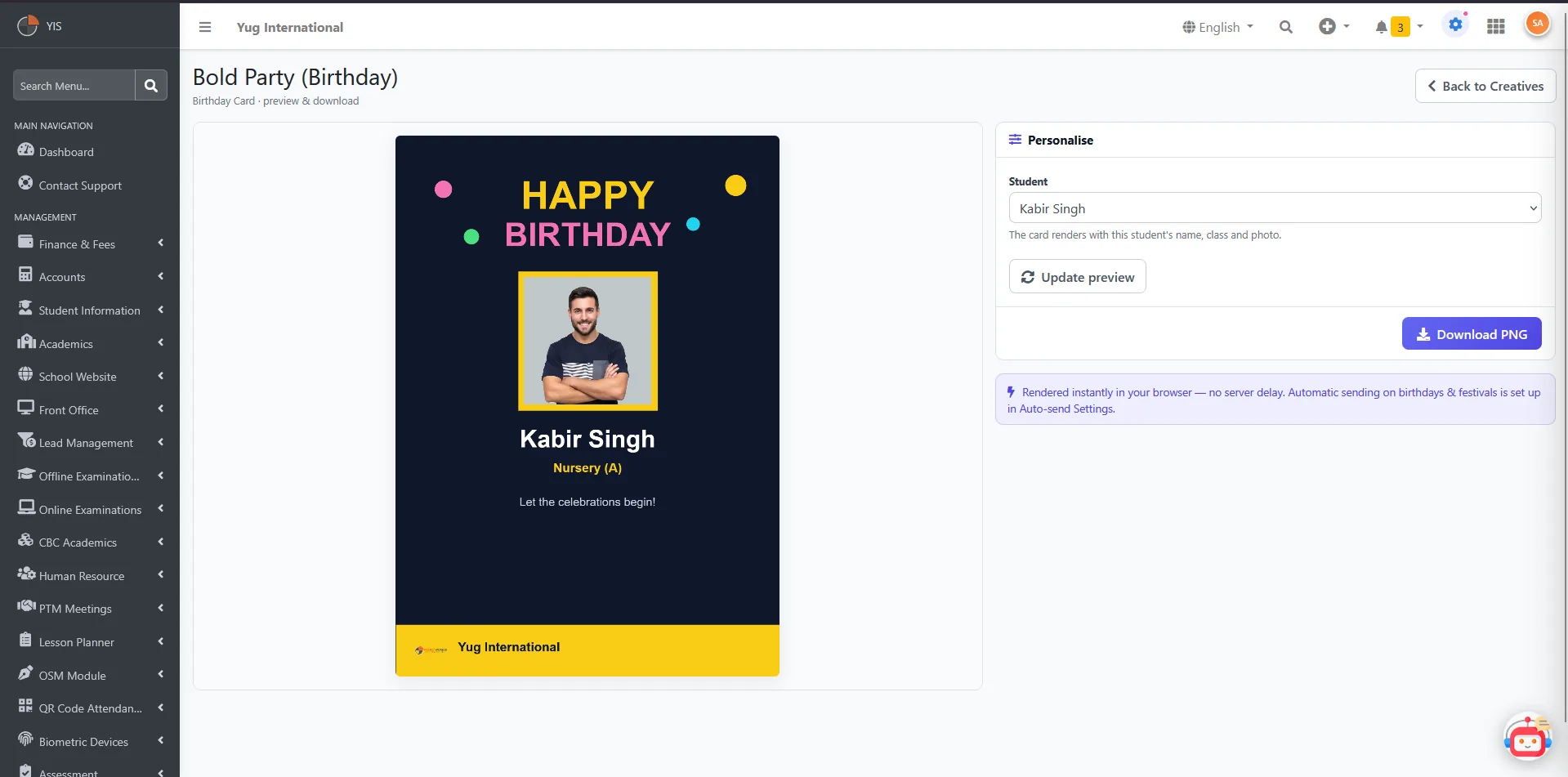 Automatic birthday greeting card generated by the engagement module