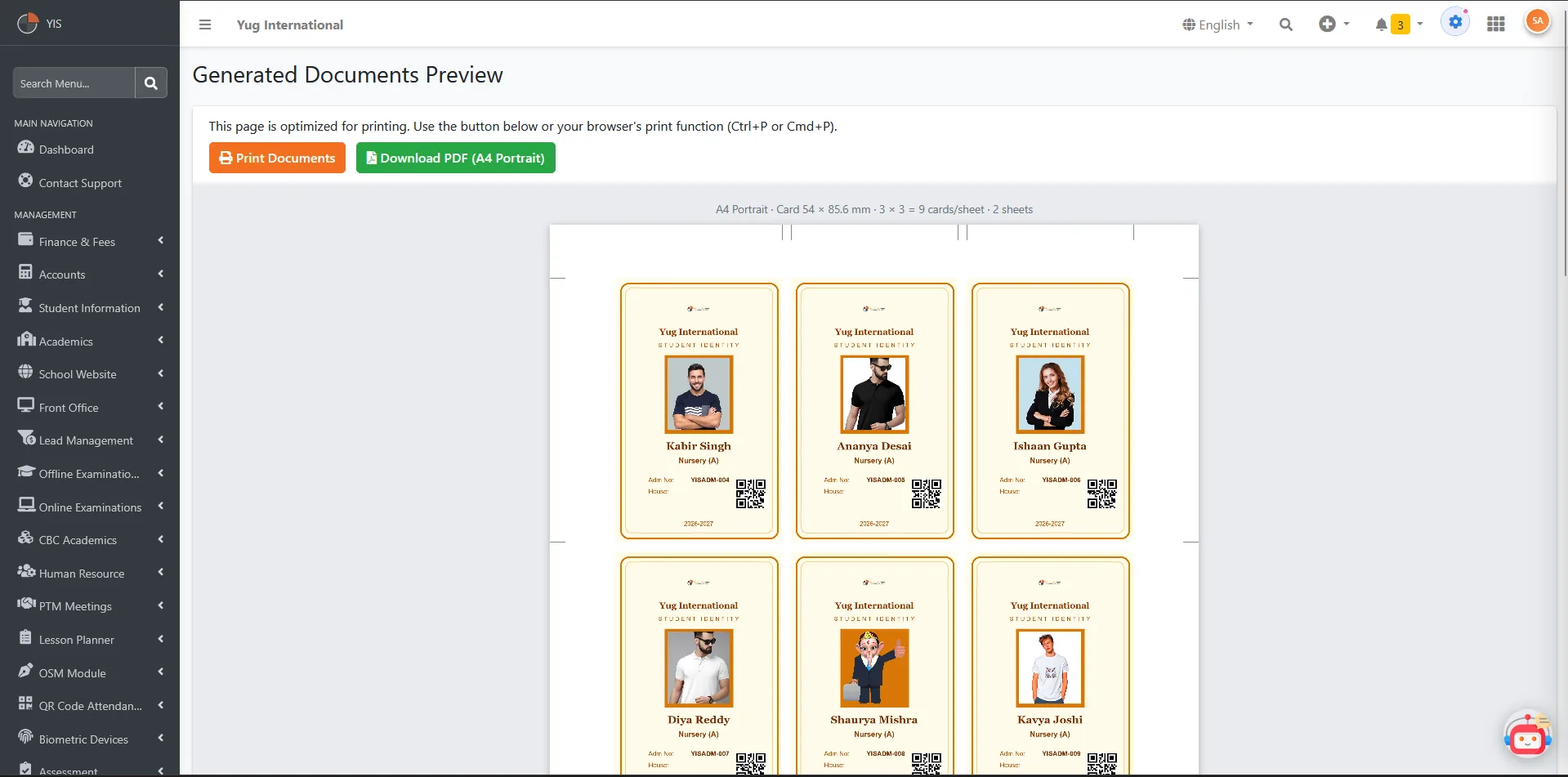 ID card designer showing a student card layout with front and back sides