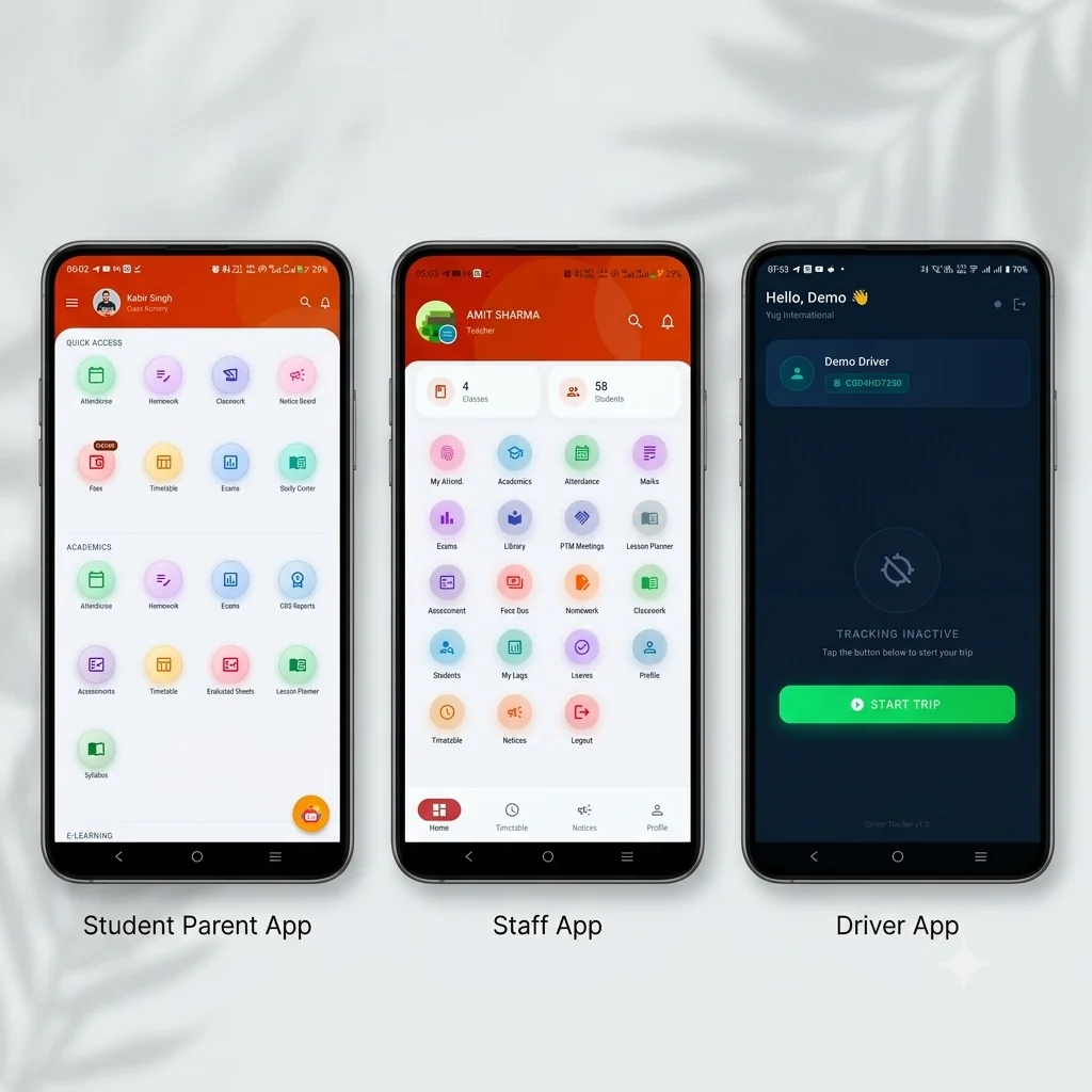 Student, Staff, and Driver mobile apps showing attendance, GPS tracking, and student profiles