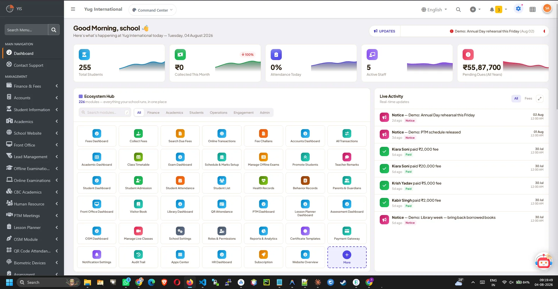 Redesigned school dashboard with live stats and analytics widgets