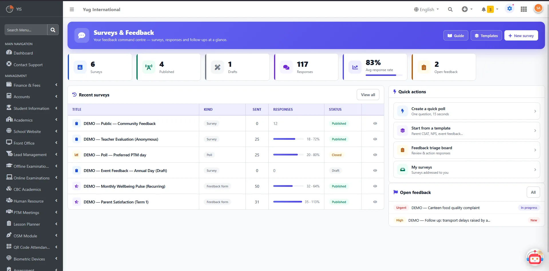 Surveys and feedback engine with reporting and response distribution
