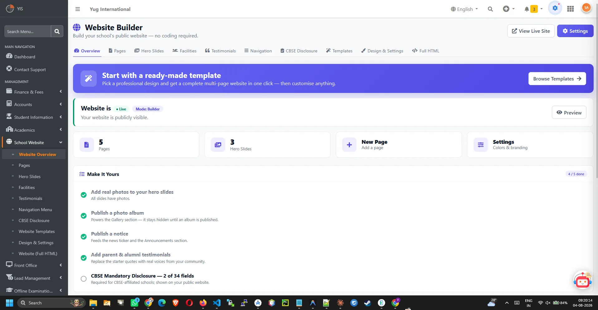 School website builder with drag-and-drop page sections